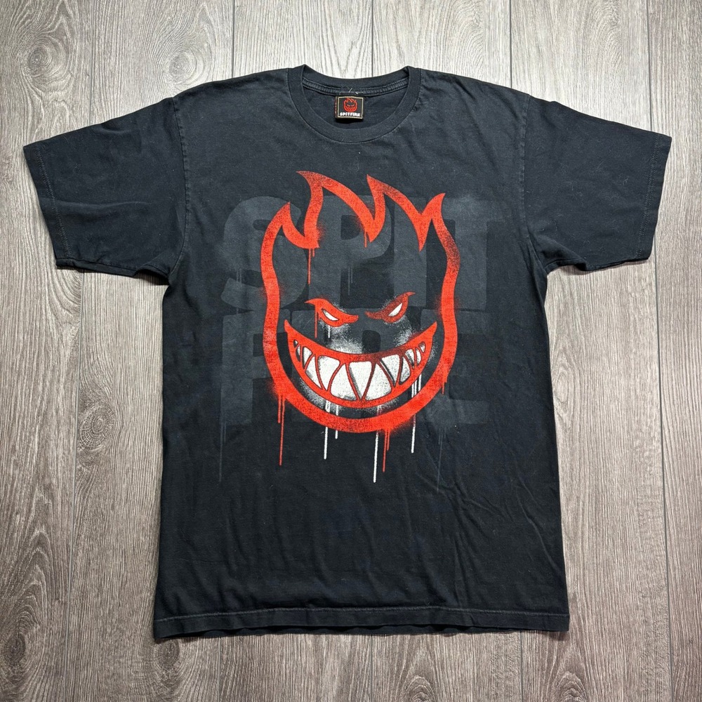 Spitfire Wheels Vtg Bighead Logo Graphic T-Shirt Mens Black Red Y2K Skate Tee